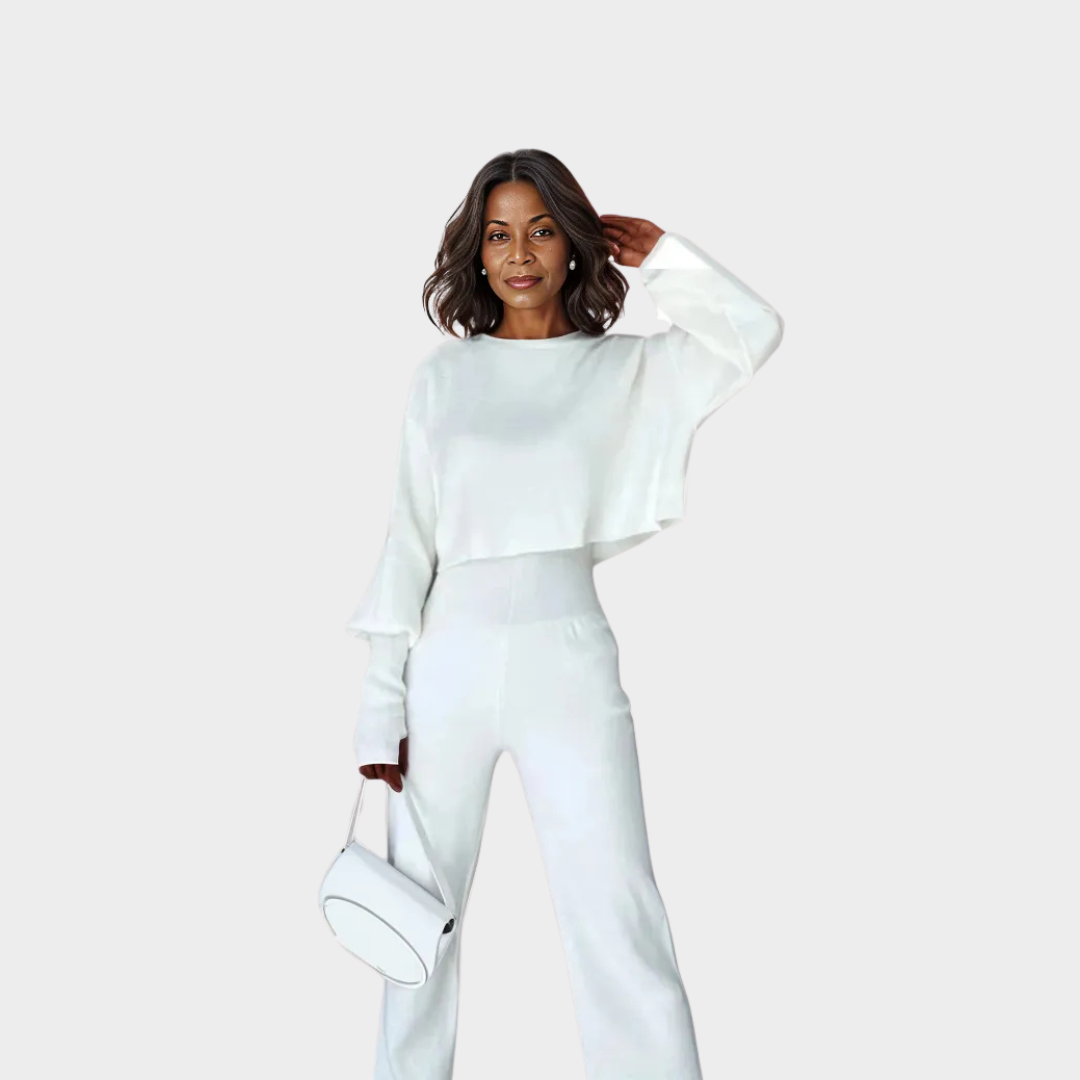 Women’s Two-Piece Knitted Set – High-Neck Sweater and Long Pants, Loose Fit, Soft Material