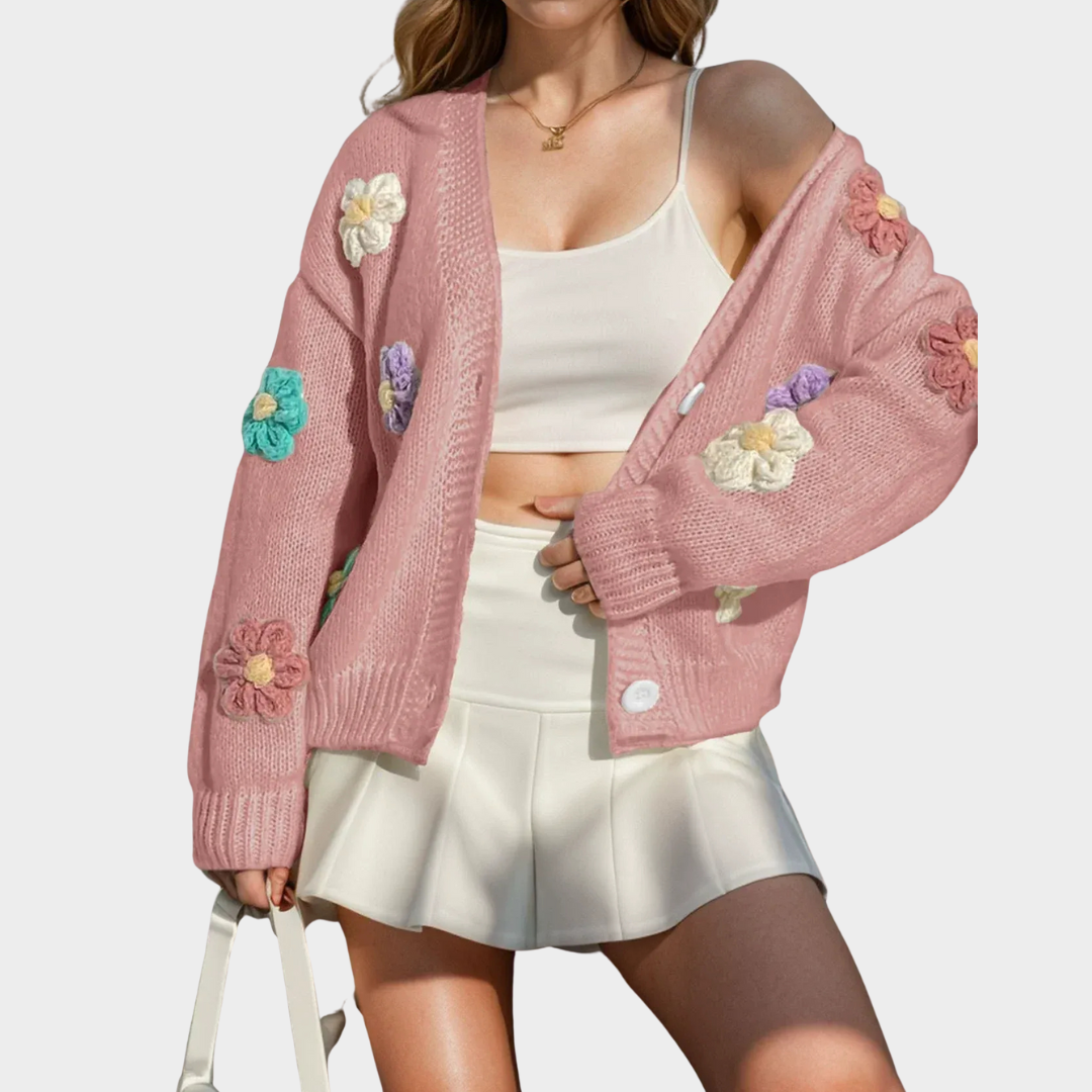Women’s Knit Cardigan – Oversized Fit with Handmade Floral Accents and Button Front – Multiple Colours