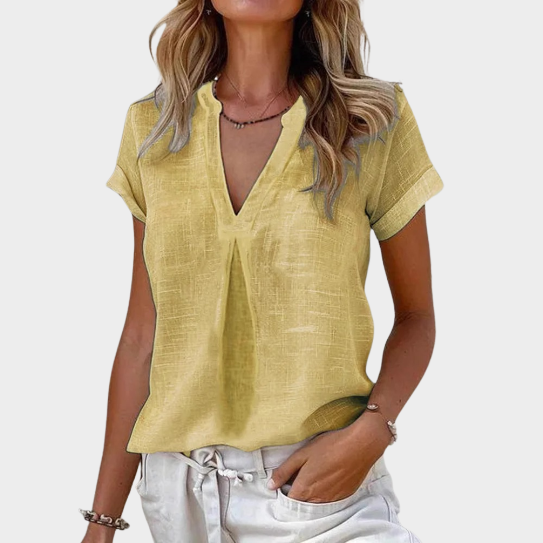 Women's V-Neck Casual Blouse – Elegant Short Sleeve Office Style – Cotton-Polyester Blend – Multiple Colours