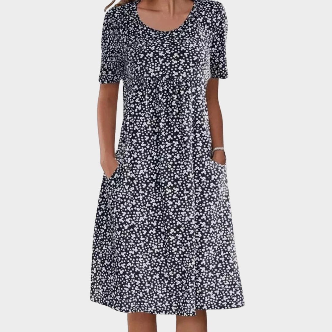 Women’s Heart Print Knee-Length Dress – Round Neck Pleated Casual Fit with Pockets – Short Sleeve Lightweight Floral Style – Multiple Colours