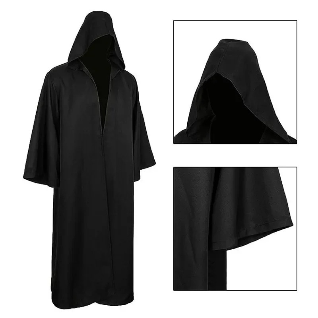 Witch Hooded Robe Halloween Costume – Unisex Long Cloak with Ghost Cosplay Outfit for Adults & Kids – Black