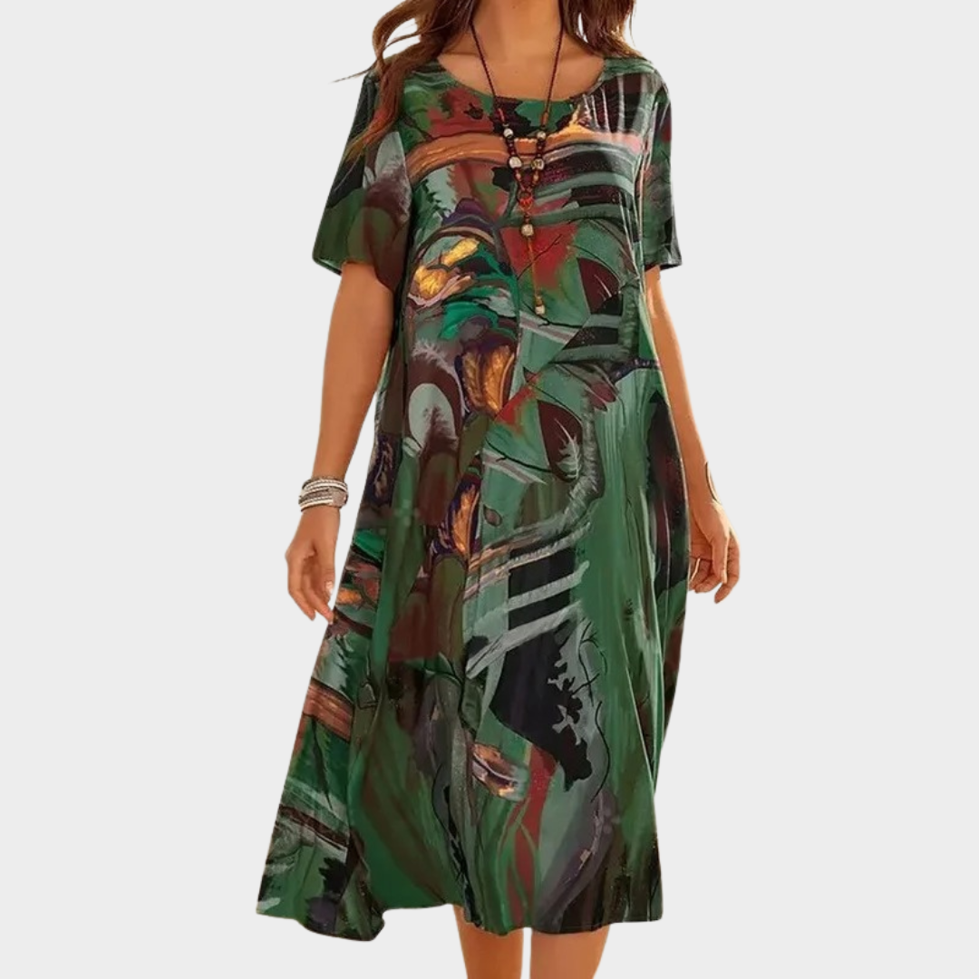 Women Art Print Loose Dress – Round Neck Short Sleeve Pullover Fit Casual Vintage Rope Style – Multiple Colours