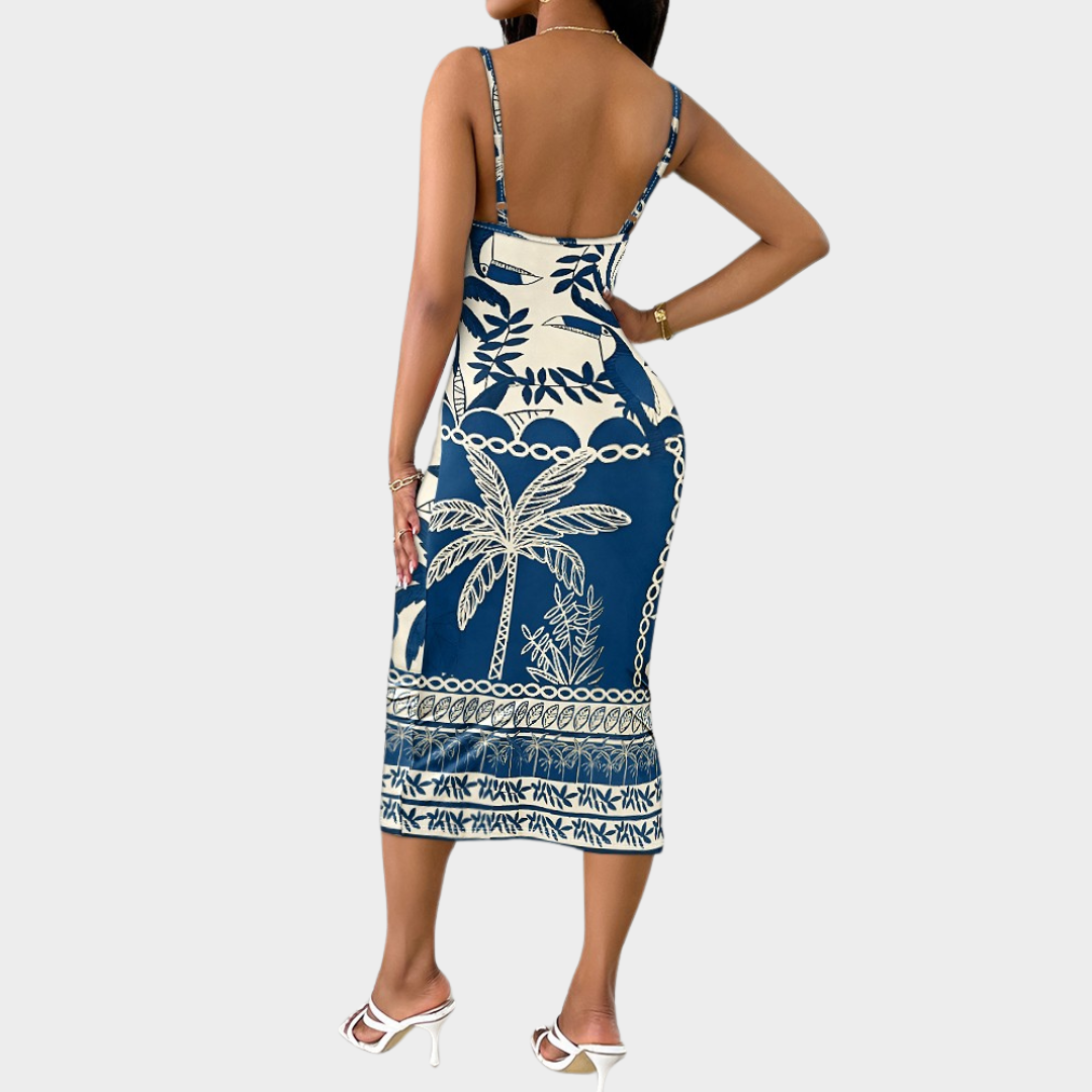 Women's Bodycon Dress – Slim Fit – Backless Midi – Spaghetti Straps – Tropical Animal Print – Elegant & Stylish – Blue