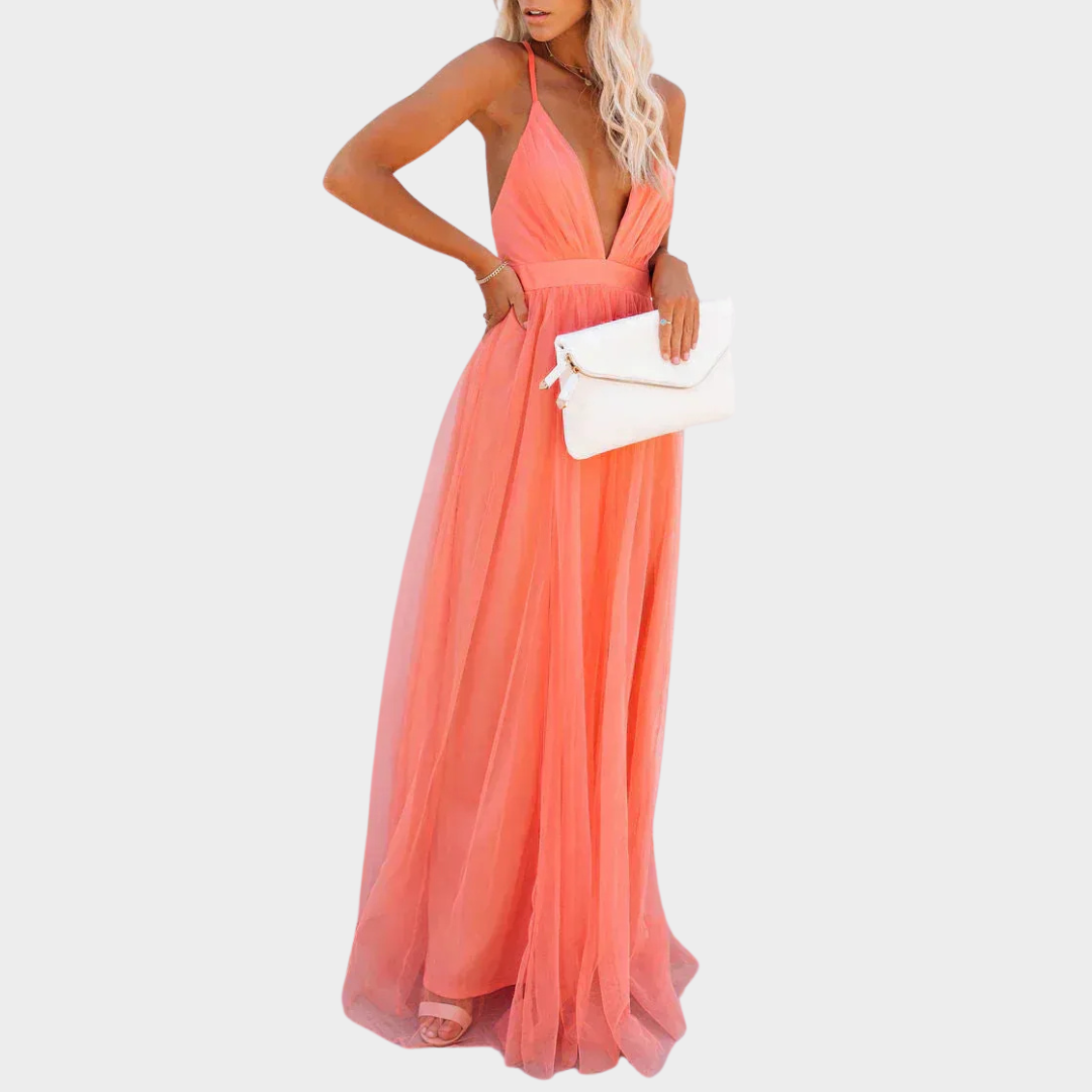 Women’s Sleeveless V-Neck Midi Dress – Backless Design with Elegant Slim Fit – Lightweight Comfortable Fabric – Orange