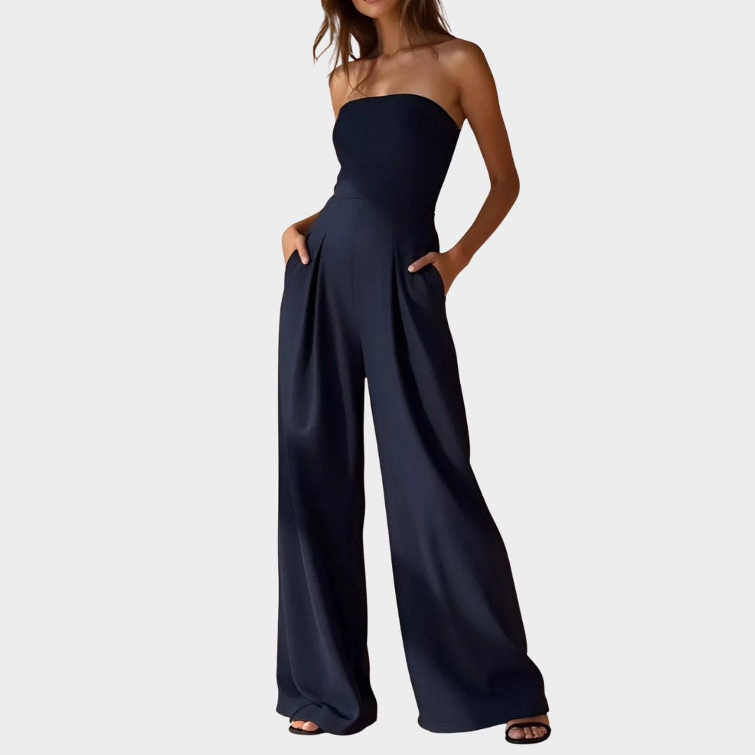 Women’s Strapless Jumpsuit – Elegant Wide Leg One-Piece with Off Shoulder Fit and Waist Cinching Design – Multiple Colours