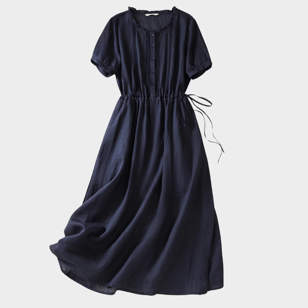 Women’s Short Sleeve Drawstring Collar Dress – Cotton Linen Relaxed Fit with Ear Edge Detail – Solid Colour Casual Midi Dress – Multiple Colours