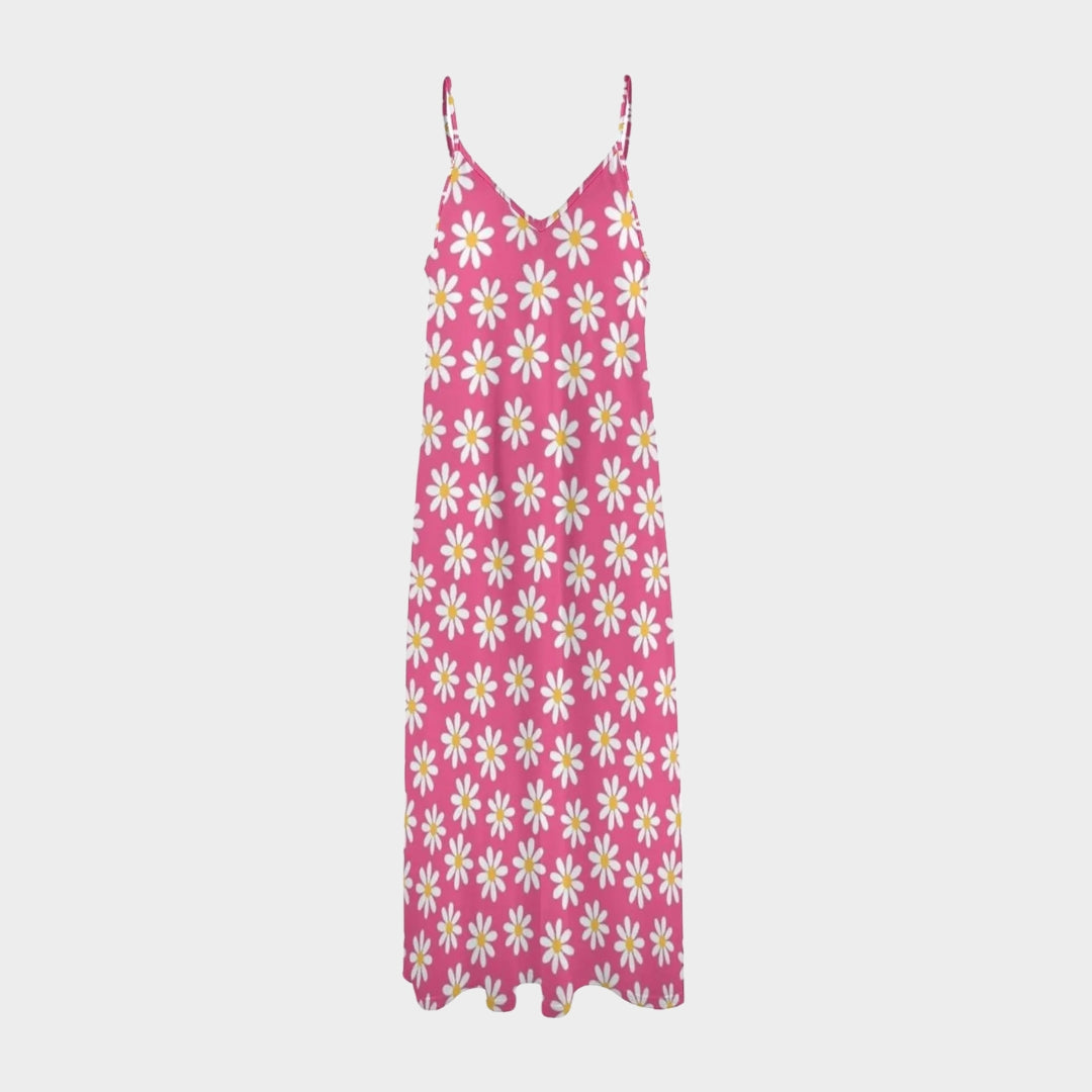 Women's Floral Maxi Dress - Sleeveless - V-Neck - Lightweight & Flowy - Pink with White Daisies