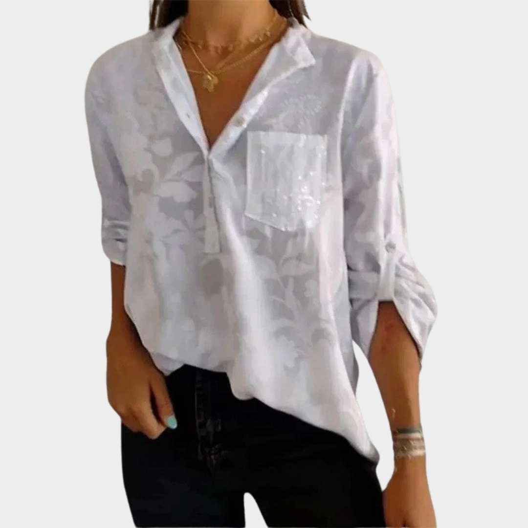 Women’s Relaxed Fit Tunic Blouse – Long Sleeve Floral Print Top with Sequin Detail – Luxury Fabric – Multiple Colours