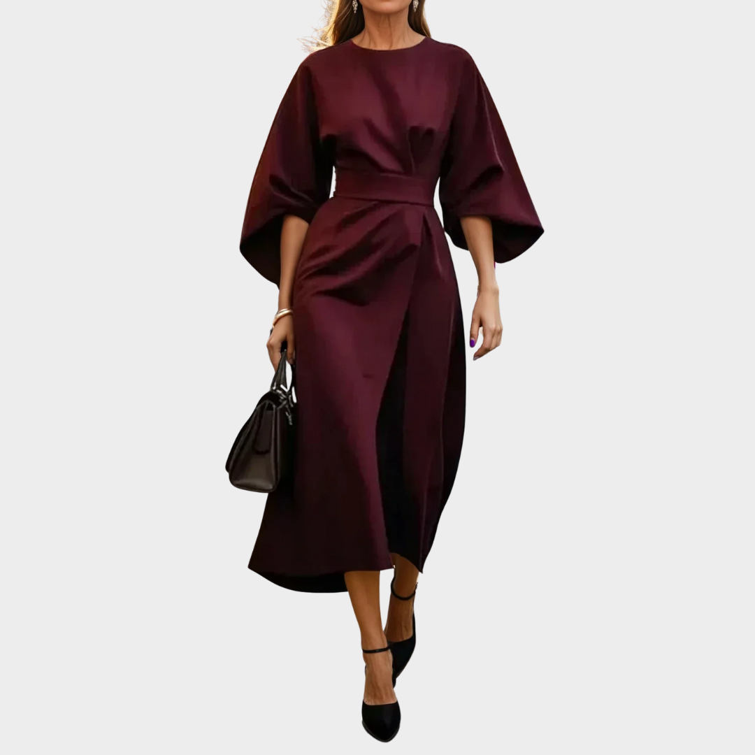 Women’s Mid-Calf Dress – Slim Fit with Ruffled Hem – Elegant Batwing Sleeves – Lightweight O-Neck Design – Multiple Colours
