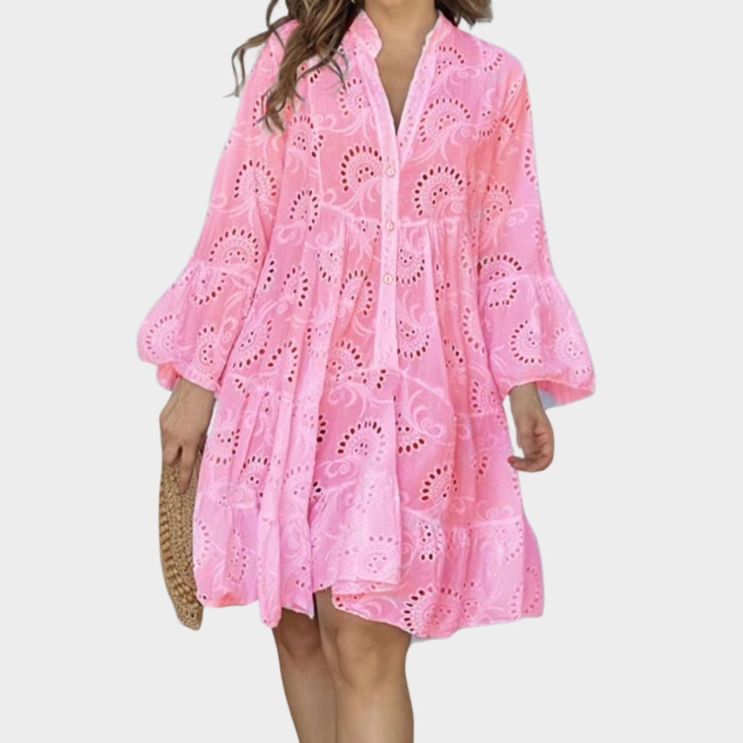 Spring Summer Women’s V-Neck Lace Dress – Solid Color, Embroidered, Hollow Design, Casual Loose Fit