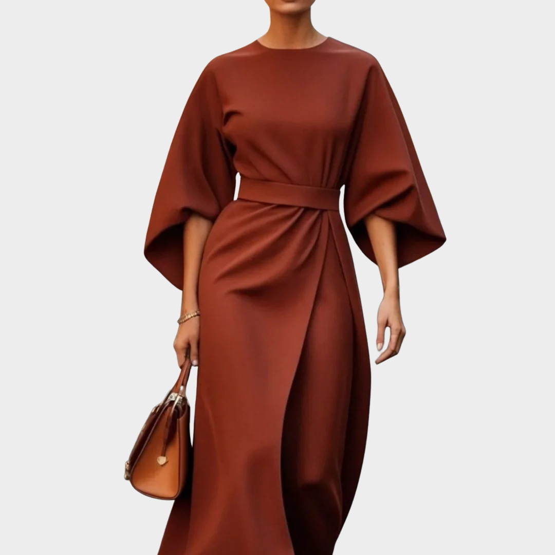 Women’s Elegant Belted Statement Dress – Cape Style Batwing Sleeves with Slim Waist Design – Multiple Colours