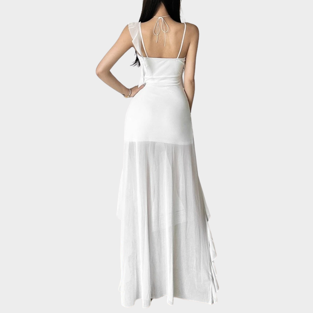 Women’s Tassel Ruffle Long Dress – Elegant Spaghetti Strap Fit – Lightweight Perspective Style – White