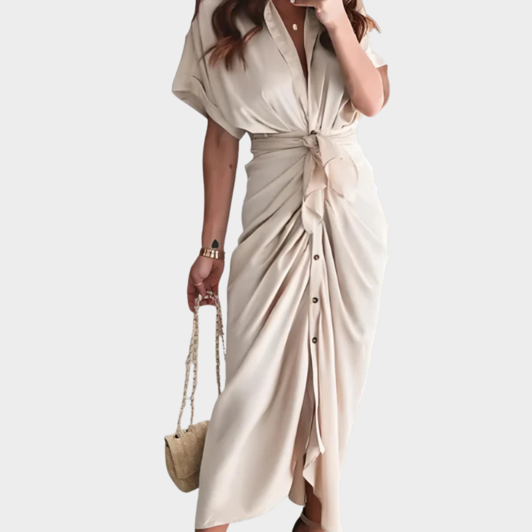 Women’s Printed Long Dress – Short Sleeve – High Waist – Elegant Fit – Soft Lightweight Fabric – Multiple Colours