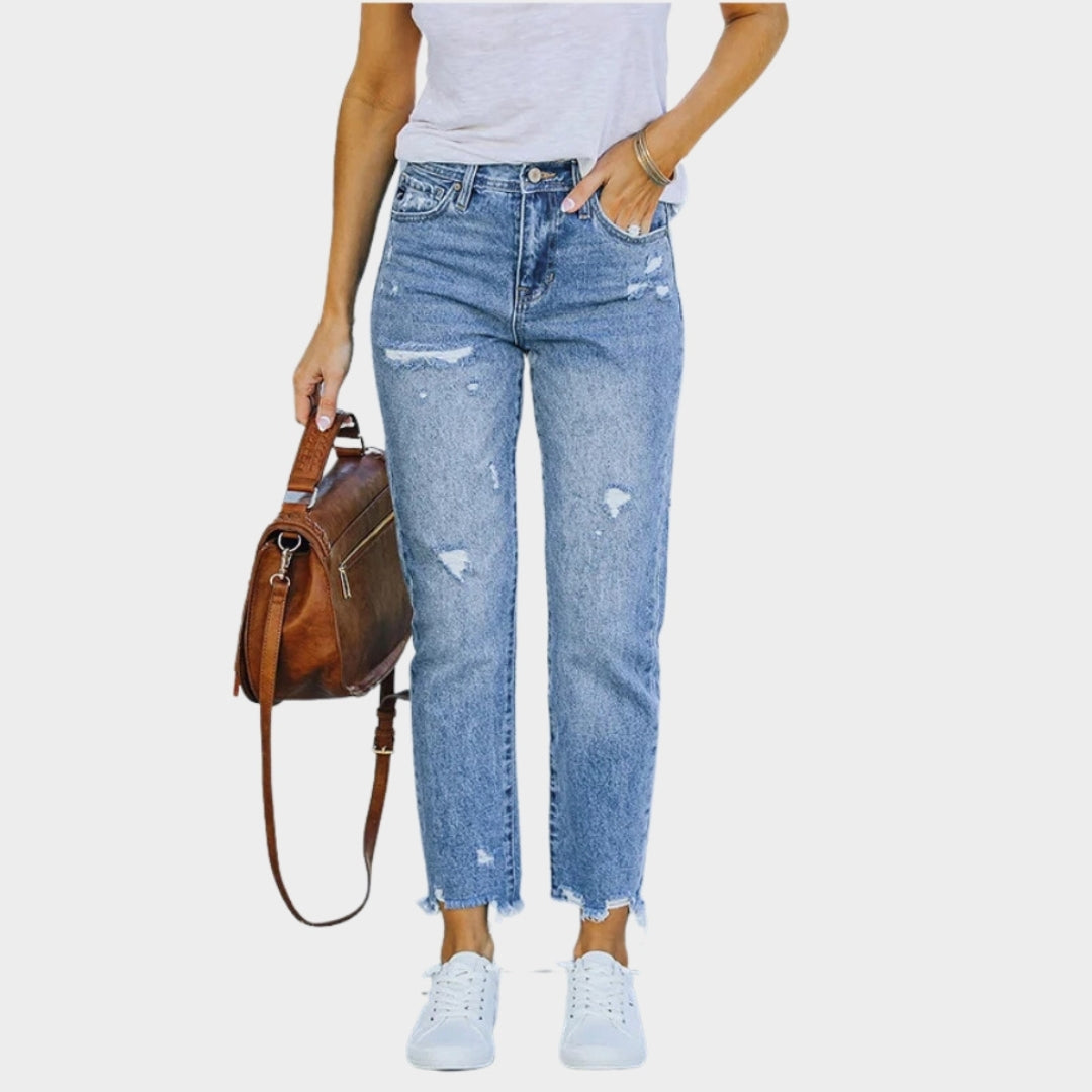 Women's High-Waist Ripped Jeans - Trendy Stretch Denim Pencil Pants (Blue)