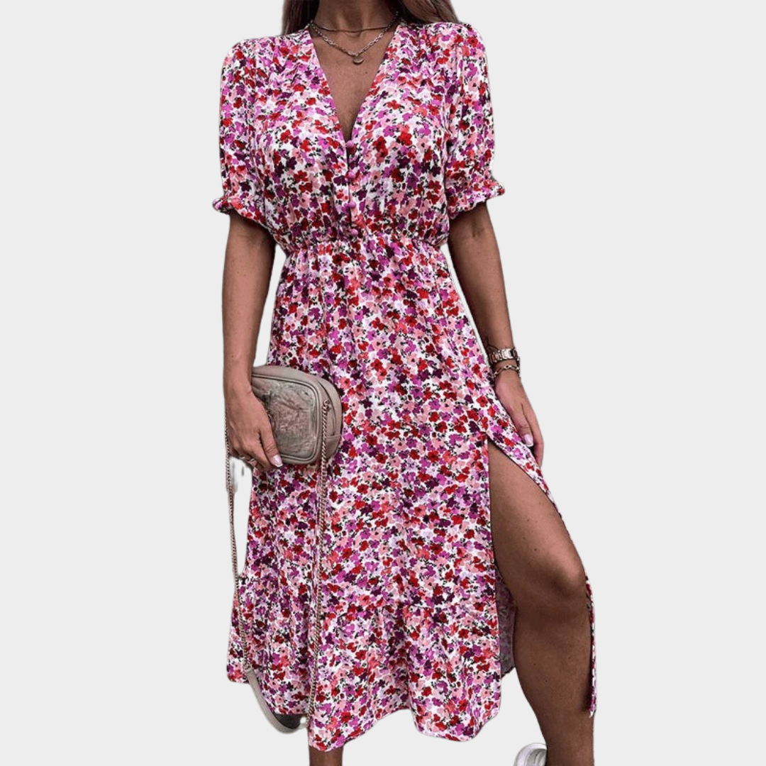 Women’s V-Neck Slit Maxi Dress – Floral Print with Button Detail – Short Sleeve Elegant Fit – Lightweight Fabric – Multiple Colours