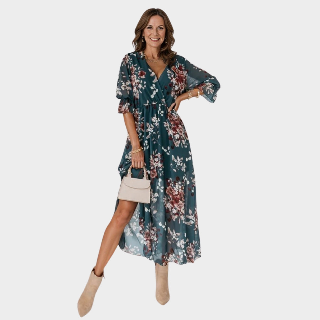 Women's Floral Chiffon Maxi Dress - V-Neck - Short Sleeve - Front Split - Elegant & Flowy - Multiple Colours