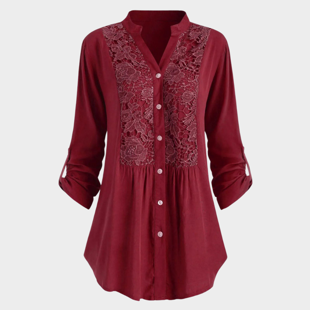 Women's Lace V-Neck Shirt – Loose Fit – Button Down – Long Sleeve Blouse – Elegant Casual Wear – Multiple Colours