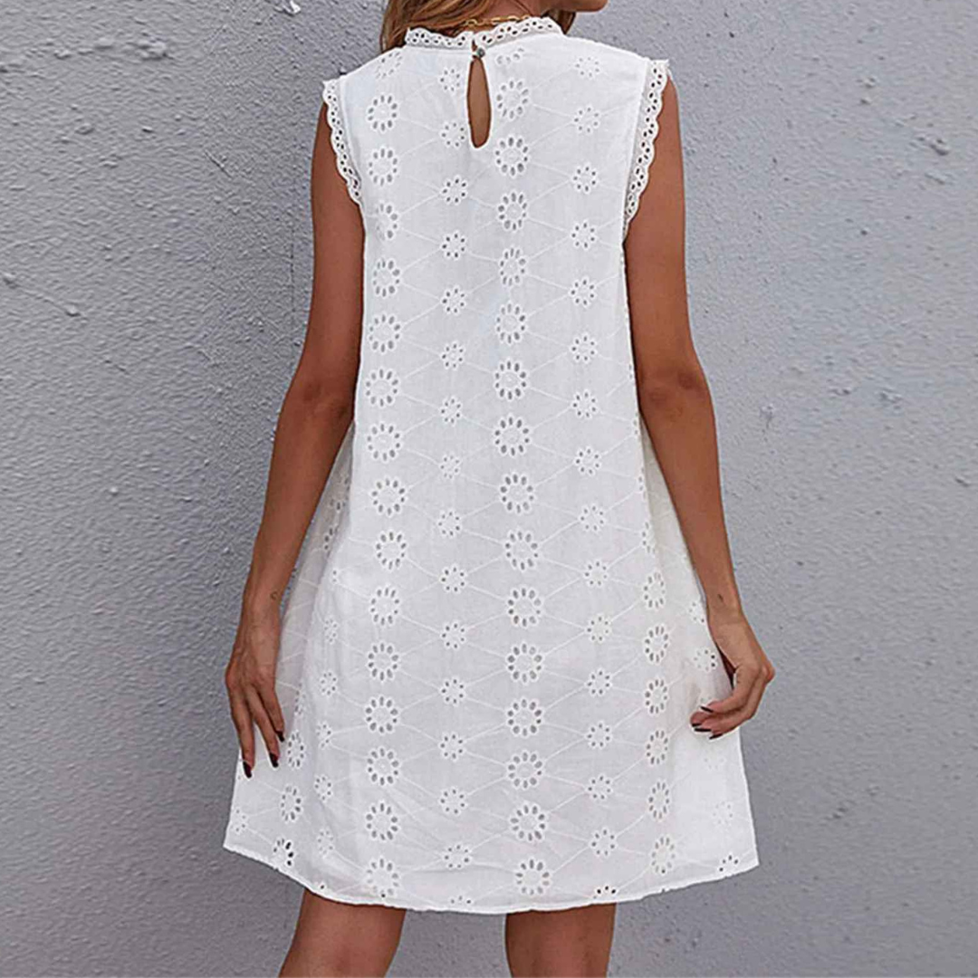 Women's Sleeveless Dress – Crochet Lace Hollow-Out Loose Fit with Solid Design – White