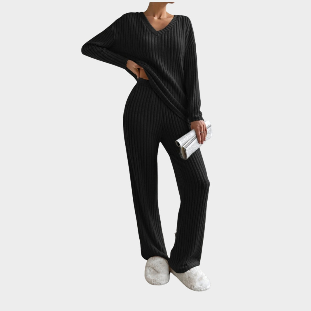 Women's Knitted Two-Piece Set - V-Neck Top & Straight-Leg Trousers - Soft & Comfortable - Multiple Colours