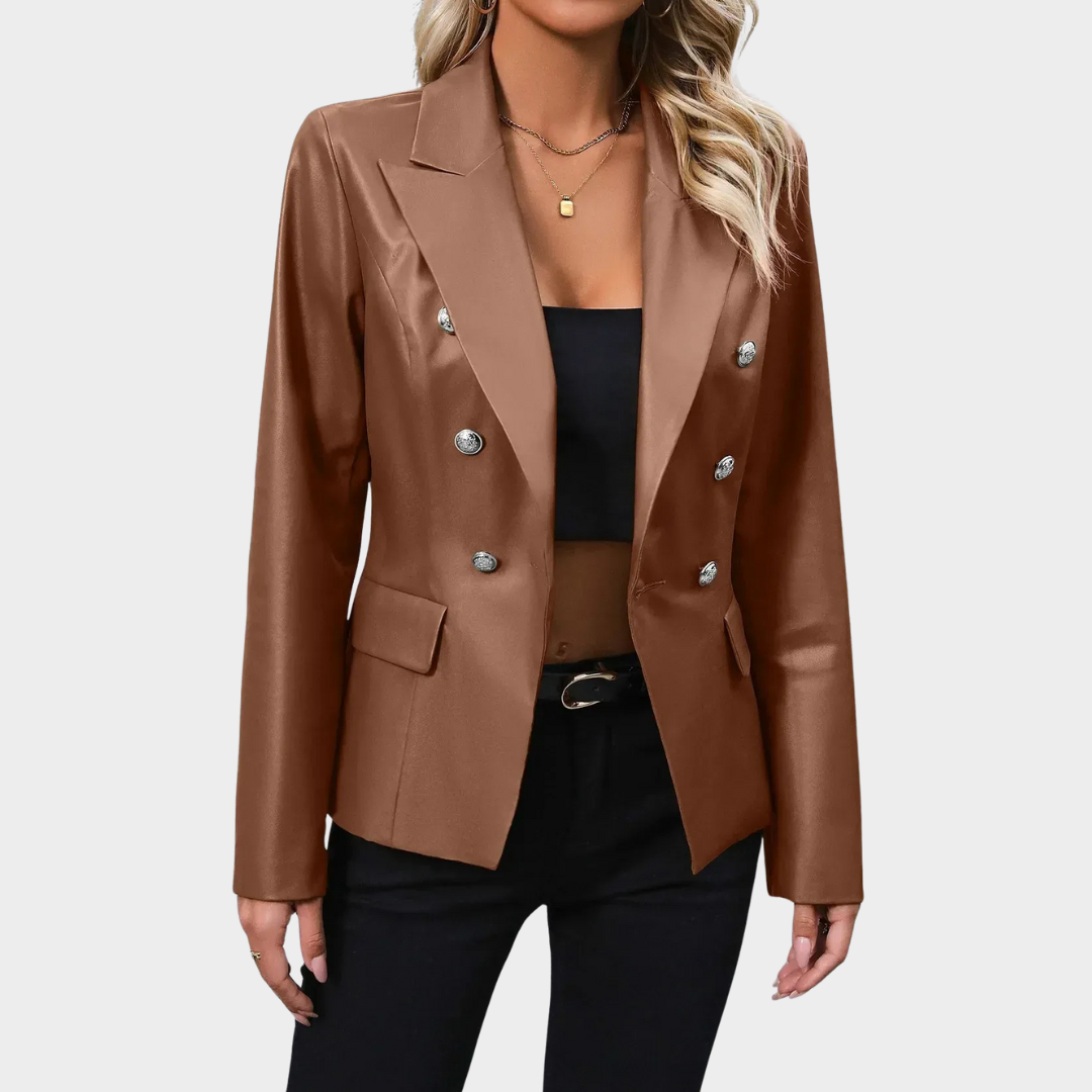 Women’s Faux Leather Double-Breasted Blazer – Tailored Fit Formal Jacket – Elegant PU Material – Multiple Colours