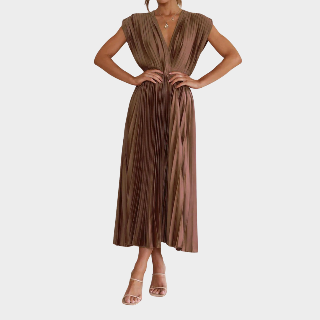 Women’s Pleated Maxi Dress – Sleeveless V-Neck Flowing Silhouette – Elegant Rayon Blend – Multiple Colours