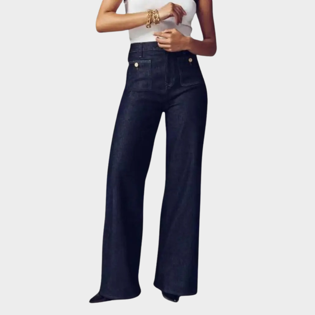 Women’s High Waist Wide Leg Denim Jeans – Button Detail Casual Fit with Multi Pockets – Butt-Lifting Shaping Style – Multiple Colours