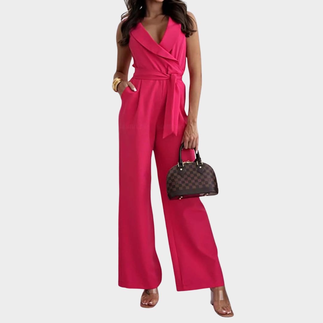 Women’s Elegant Sleeveless Jumpsuit – V Neck Belted Wide Leg – Multiple Colours