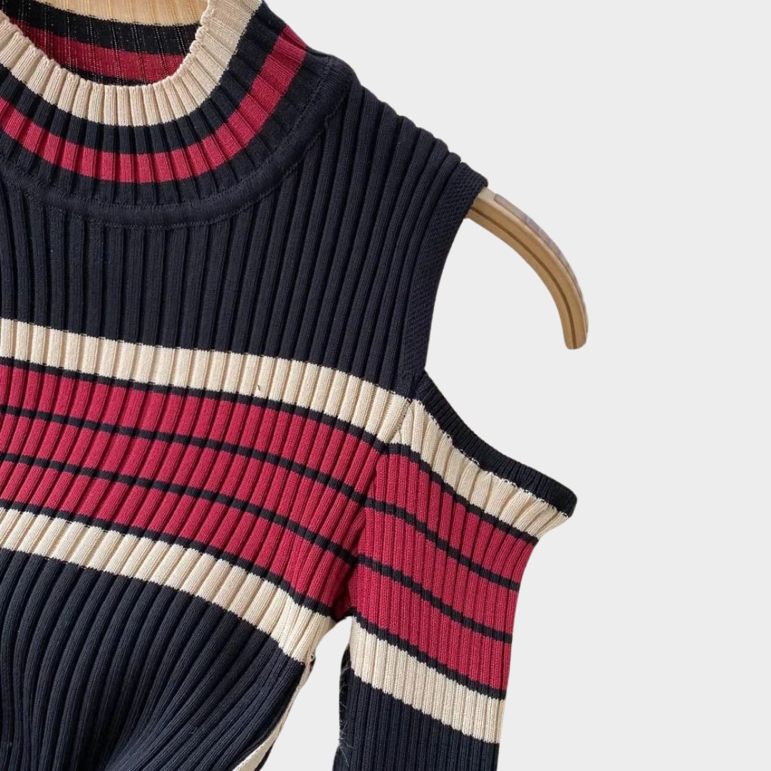 Women’s Knitted Dress – Half-High Collar – Long Sleeves – Striped Pattern – Elegant Fit – Black