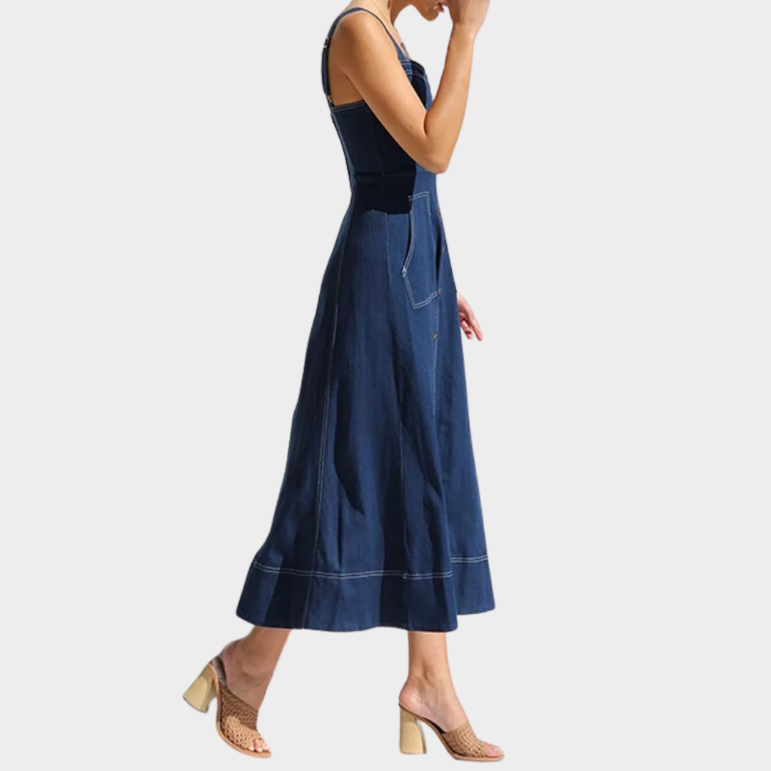 Women’s Sleeveless Button Denim Dress – Casual Distressed Suspender Dress – Adjustable Straps – Blue