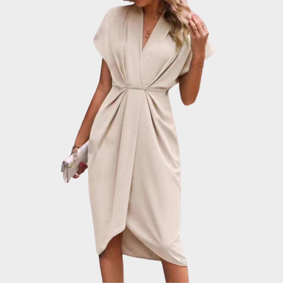 Women Elegant Midi Dress – V-Neck – Short Sleeve – High Waist Irregular Hem – Multiple Colours