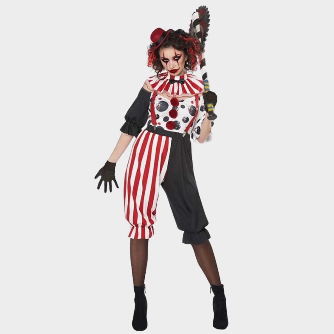 Women Creepy Circus Clown Halloween Costume – Evil Jester Cosplay Dress for Carnival Role Play and Fancy Horror Party Outfit – Red / Black