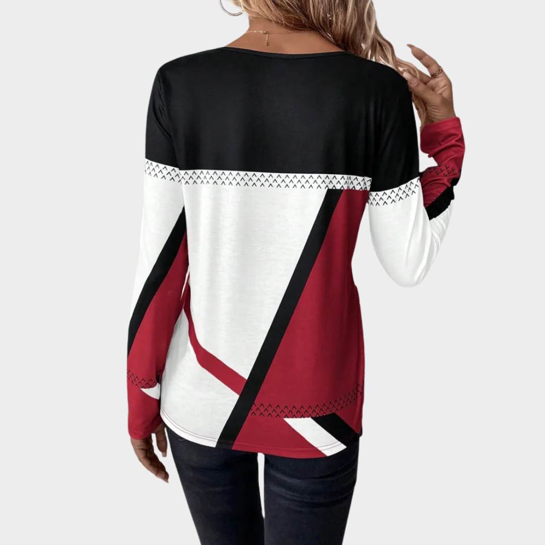 Women's Long Sleeve T-Shirt – Round Neck – Geometric Print – Contrasting Colors – Soft & Comfortable – Multiple Colours