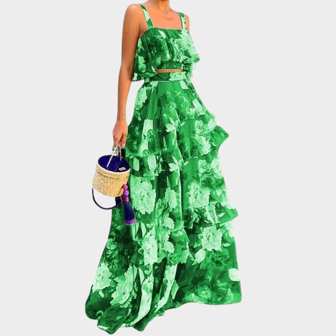 Women Two Piece Set – Halter Neck Top with Layered Cake Skirt – Floral Print – Soft Lightweight Fabric – Relaxed Fit – Multiple Colours