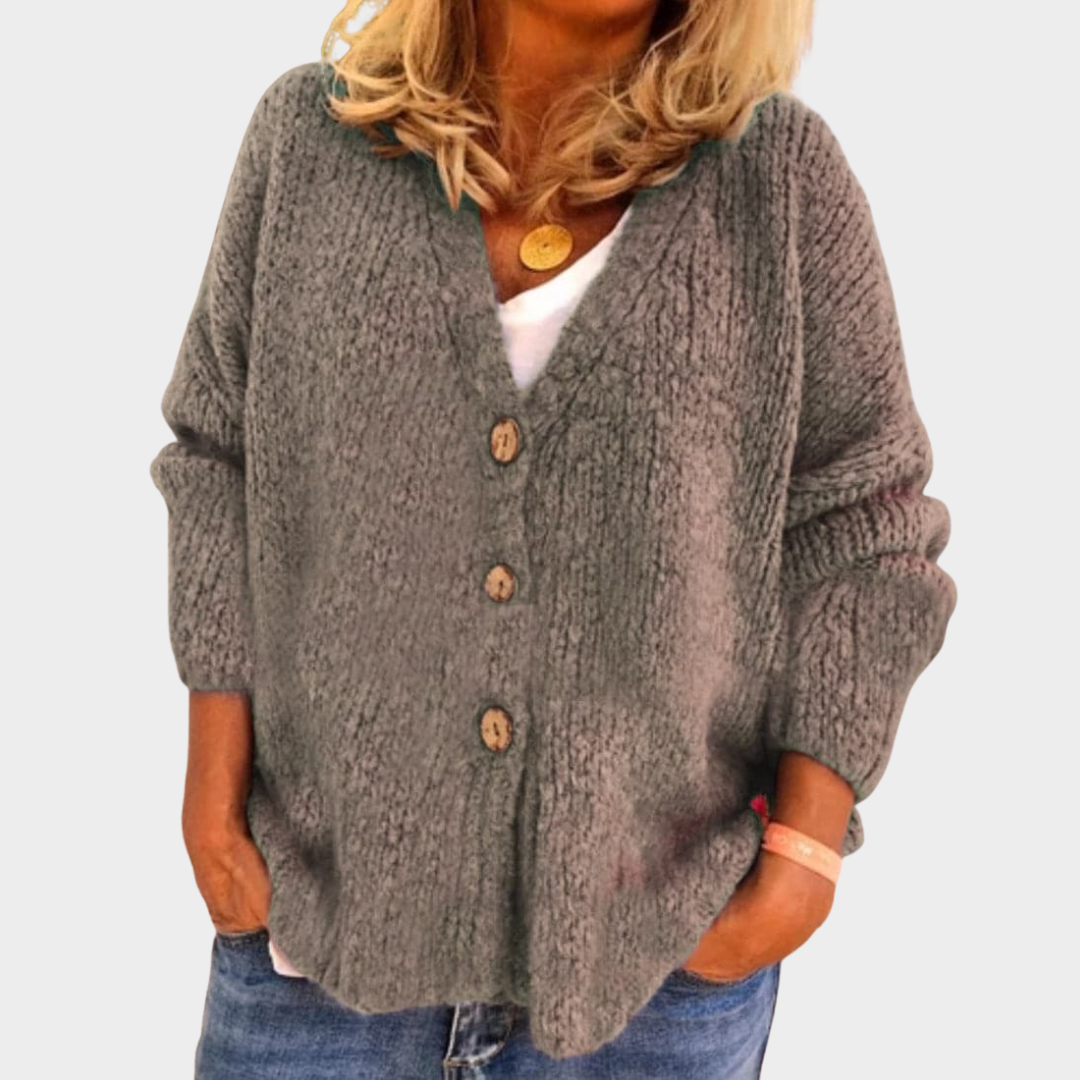 Women's Cardigan – Chunky Knit Relaxed Fit V-Neck Button Front Balloon Sleeve – Multiple Colours