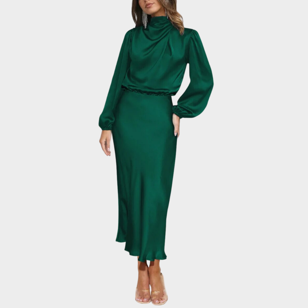 Women's Satin Long Sleeve Dress – Elegant Evening Wear – Lantern Sleeves – Bodycon Fit – Multiple Colours