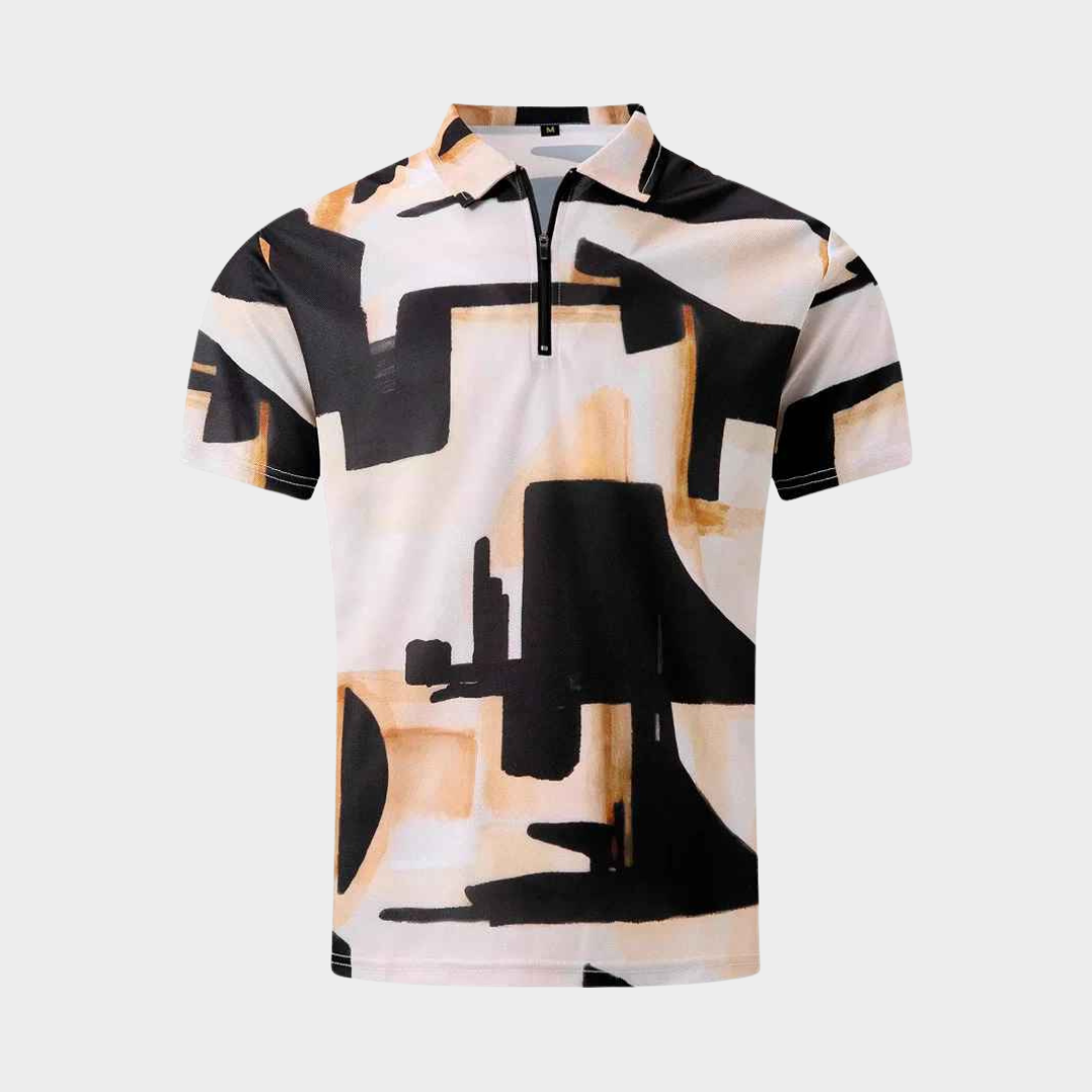 Men's Polo Shirt – Loose Fit 3D Printed Short Sleeve Cotton Blend – Breathable Casual Design – Black