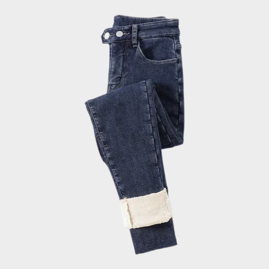Women’s High Waist Skinny Jeans - Winter Thick Velvet Warm Fleece Denim Pants, Stretch Slim Fit, Blue Grey, Black, Vintage Blue, Grey