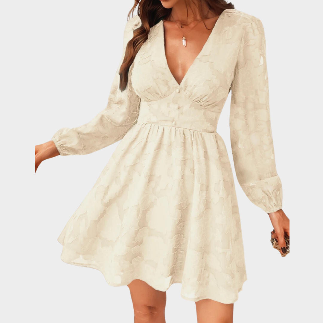 Women’s A-Line Mini Dress – Long Sleeve Lace Detailing – Plunge Neckline – Lightweight Fabric – Multiple Colours