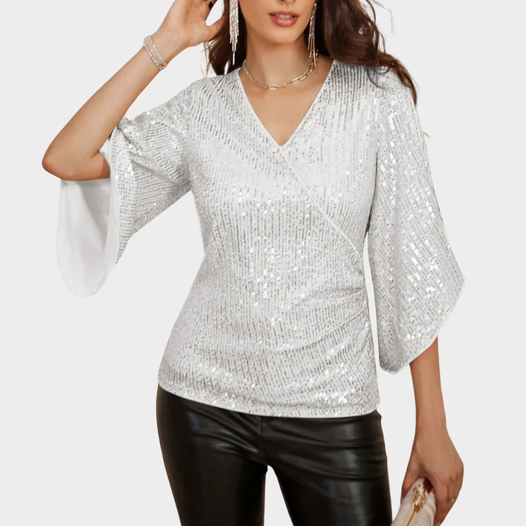 Women's Sequin Blouse - V-Neck Glitter Party Top - 3/4 Sleeve Sparkly Evening Wear - Multiple Colours