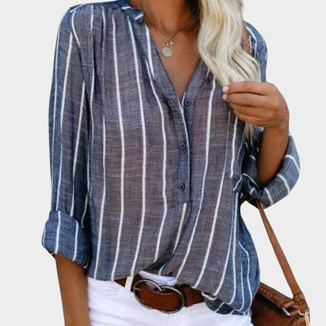 Women's Striped Shirt – Long Sleeve – Button-Up – Classic Collar – Chic & Elegant Cotton Blouse – Multiple Colours