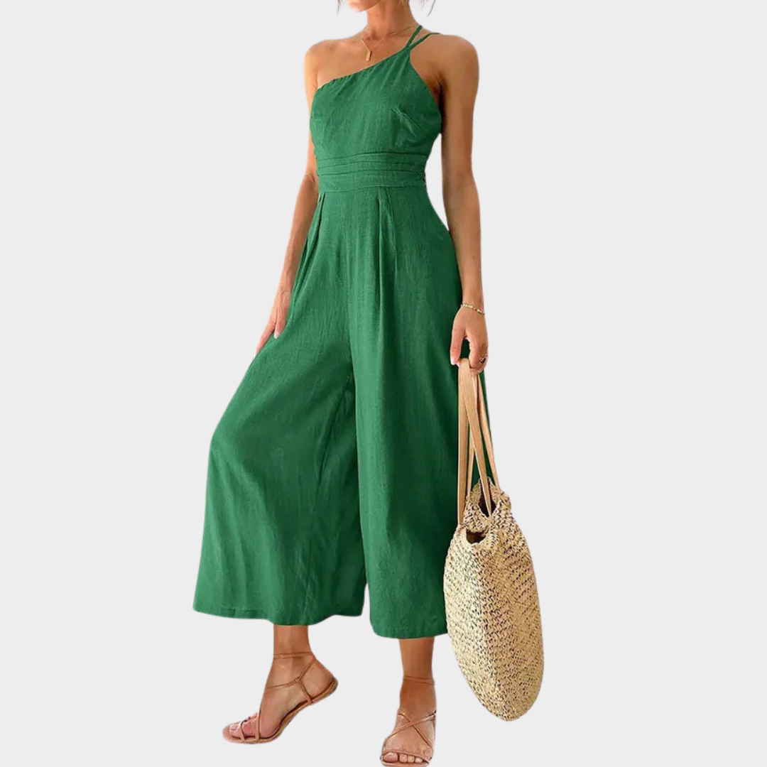 Women’s One-Shoulder Wide-Leg Jumpsuit – Elegant Loose Fit with Cotton-Linen Blend – Lightweight Comfortable Style – Multiple Colours
