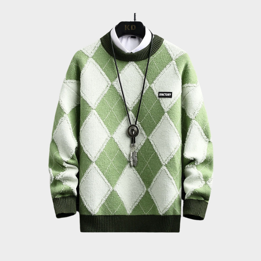 Men's Argyle Knitted Sweater - Warm Cashmere Pullover for Autumn Winter (Green, Navy Blue, Coffee)