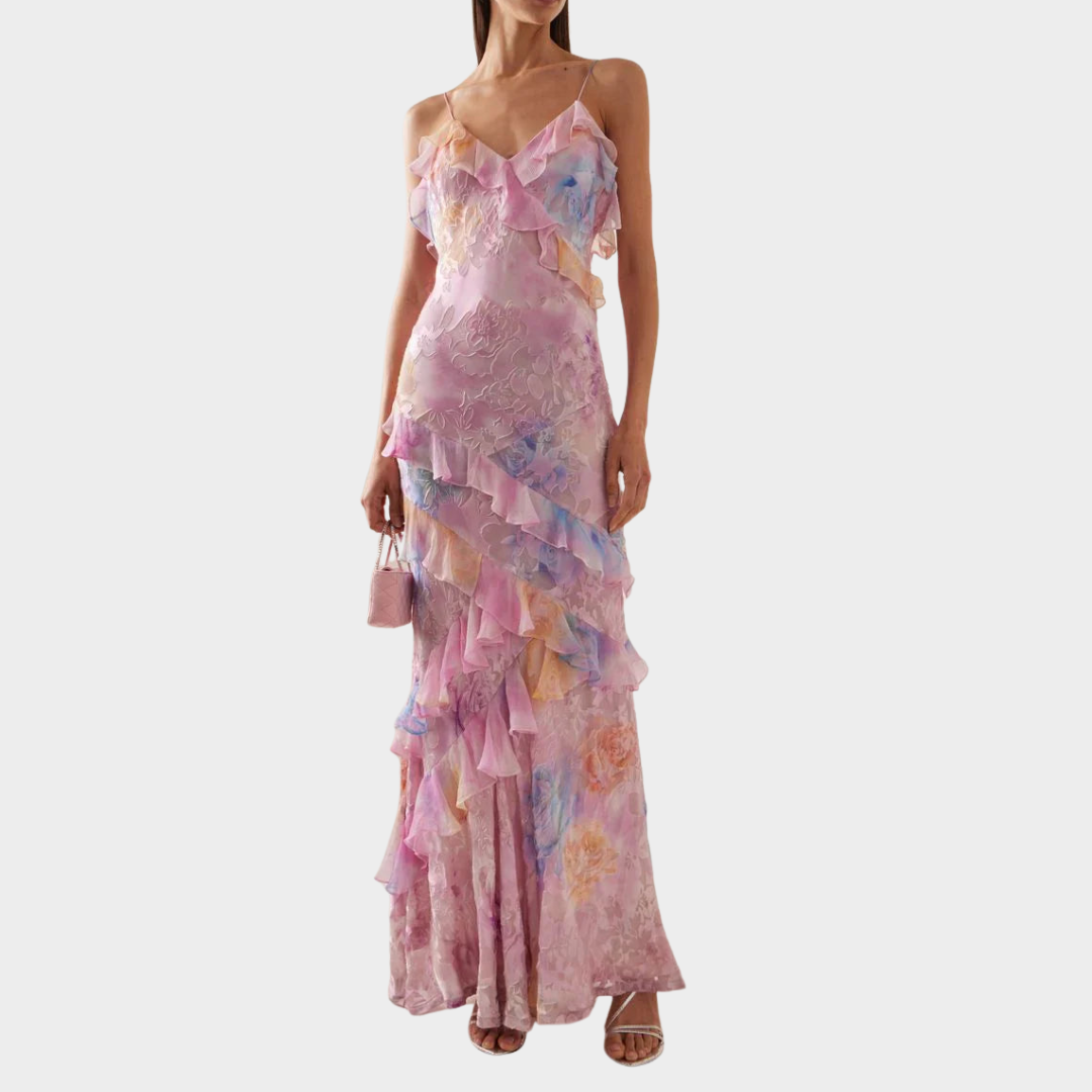 Women's V-Neck Ruffle Dress – Spaghetti Strap – Printed Patchwork – Multiple Colours