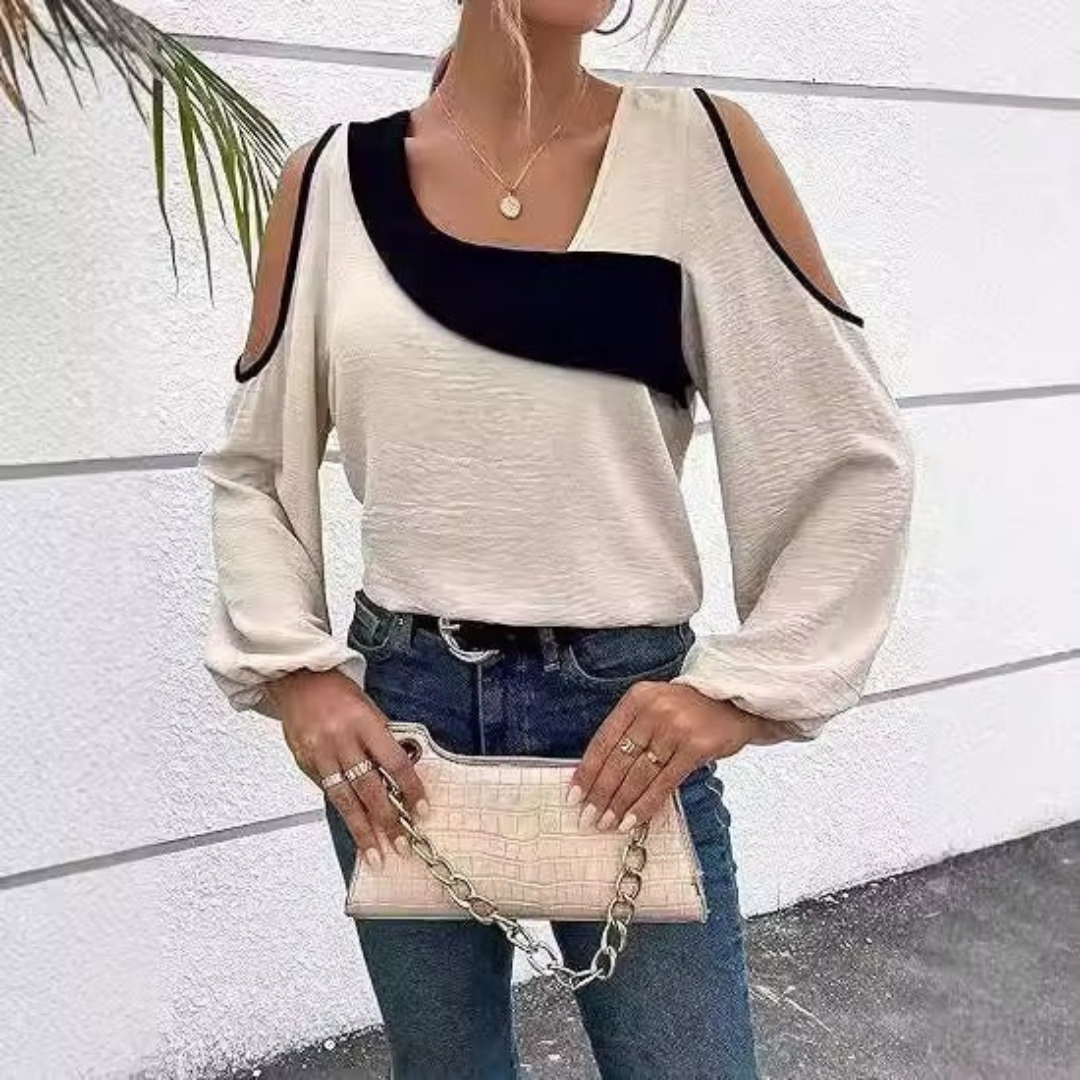 Women’s Off-Shoulder Long Sleeve Blouse – Diagonal Collar – Loose Fit Lantern Sleeves – Soft Fabric – Multiple Colours