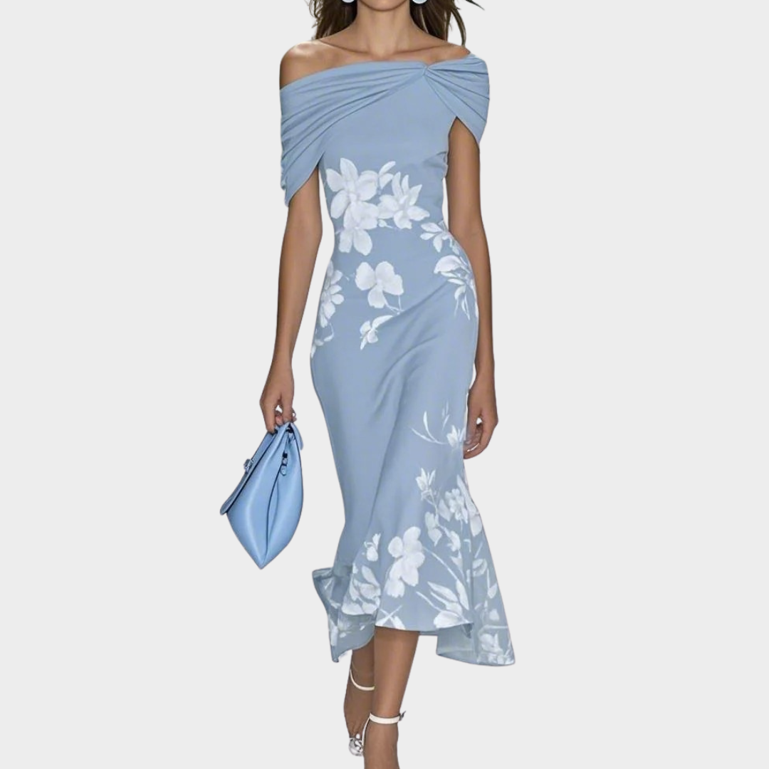Women’s Elegant Dress – Off Shoulder Midi with Fitted Waist – Floral Print – Breathable Blend – Multiple Colours