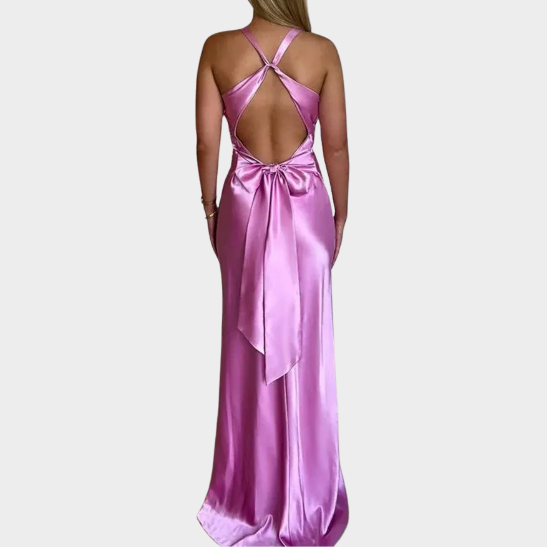 Women’s Maxi Dress – Sleeveless Satin Gown with V-Neck and Bow Tie Back – Elegant Fit for Evening Events – Multiple Colours