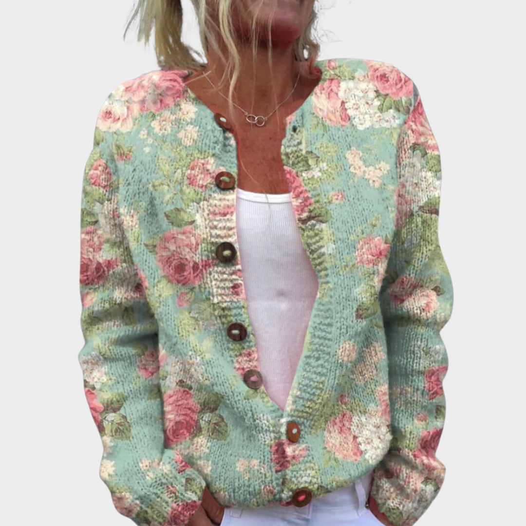 Women's Floral Knit Cardigan – V-Neck – Soft & Warm – Adjustable Fit – Multiple Colours