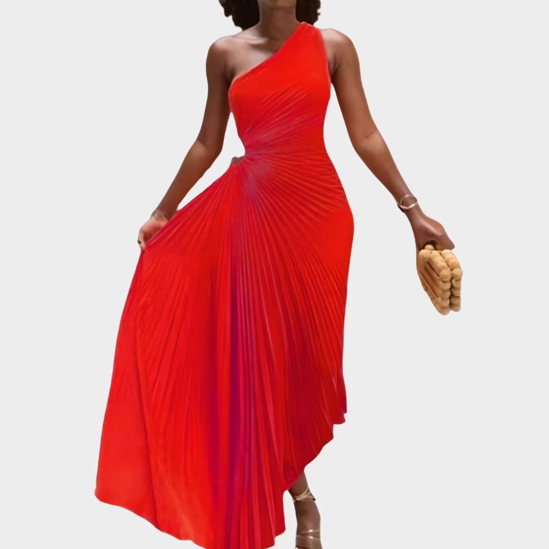 Women's A-Line Maxi Dress – One Shoulder – Sleeveless – Pleated Ruched Waist – Soft Draped Fit – Multiple Colours