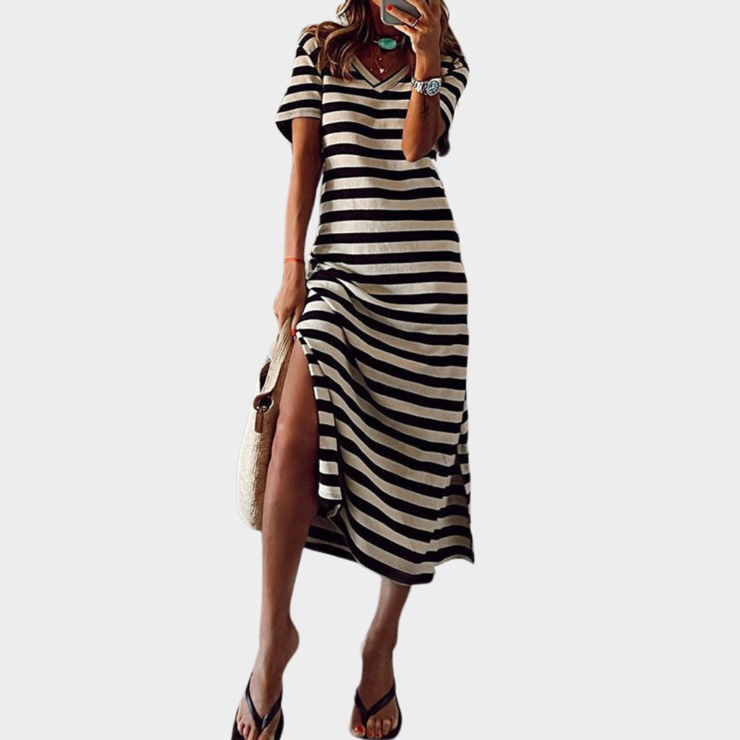 Women’s Stripe Print V-Neck Maxi Dress – Short Sleeve Loose Fit Long Dress – Lightweight Fabric – Multiple Colours