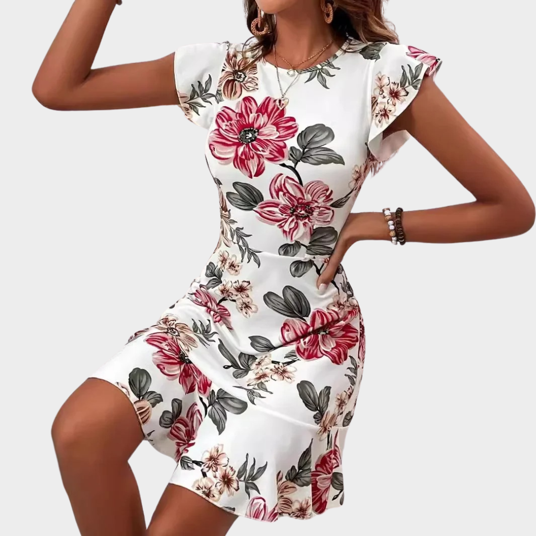 Women’s Floral Ruffle Sleeve Dress – Soft Knit Waist A-Line Fit with Red Print – Breathable Lightweight Fabric – White